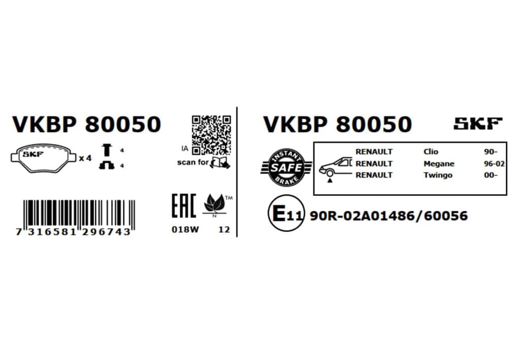 Jeu de 4 plaquettes de frein SKF ref. VKBP 80050